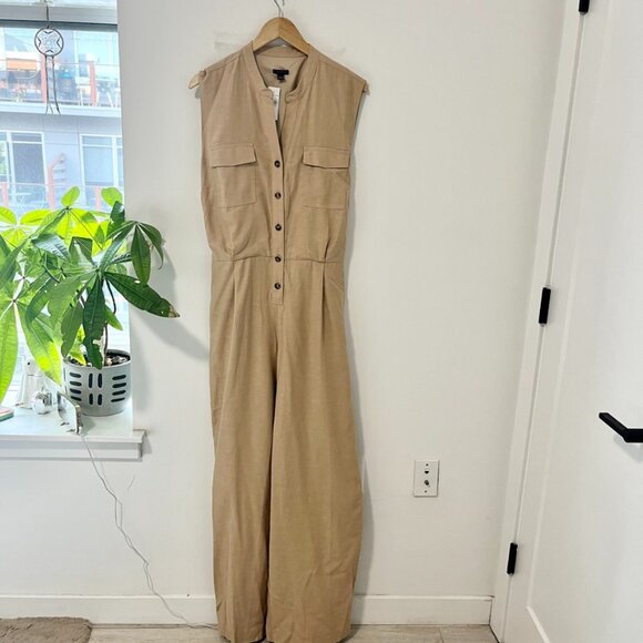 Ann Taylor Pants - NEW Ann Taylor Brown Split Neck Sleeveless Linen Jumpsuit Size 16